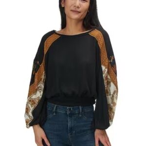 Free People Casual Clash Top Size Small Lace Floral Balloon Termal Boho Prairie